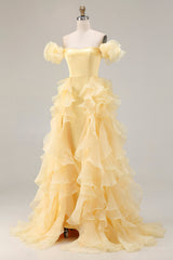 Yellow A-Line Off The Shoulder Prom Dress With Ruffles