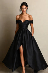 Black Off The Shoulder A Line High Low Formal Dress