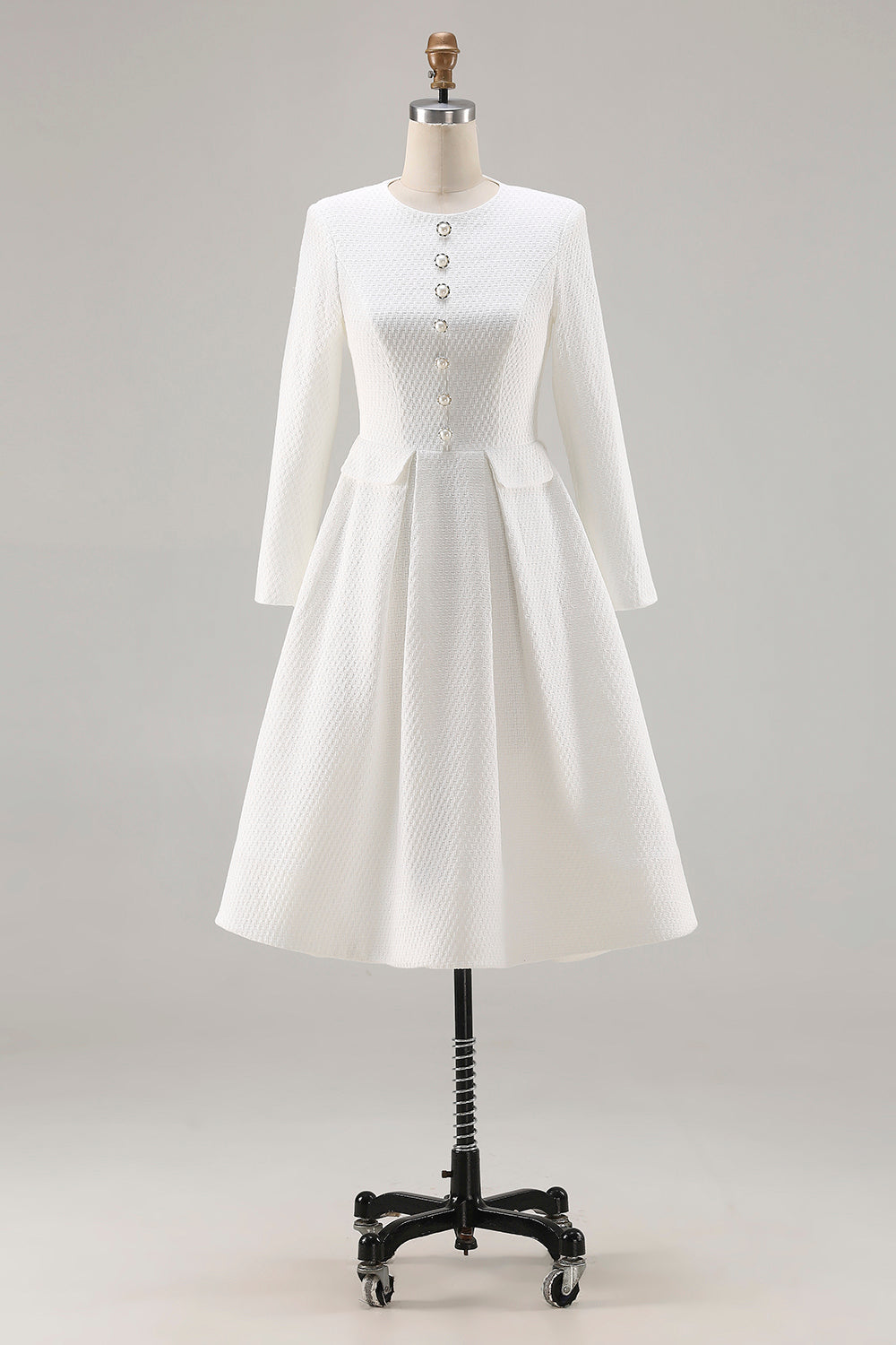 Ivory A-Line Midi Work Dress with Long Sleeves