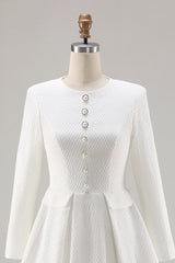 Ivory A-Line Midi Work Dress with Long Sleeves