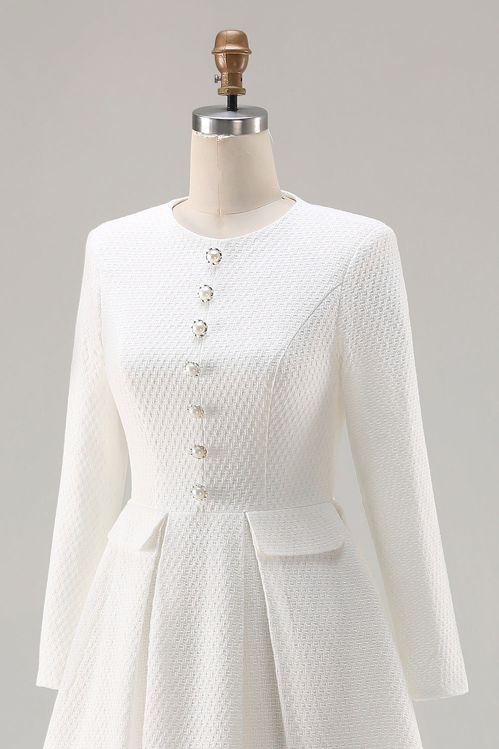 Ivory A-Line Midi Work Dress with Long Sleeves