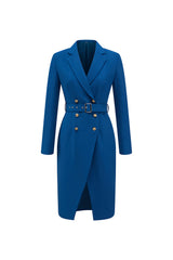 Ink Blue Double Breasted Notched Lapel Midi Blazer Dress With Belt