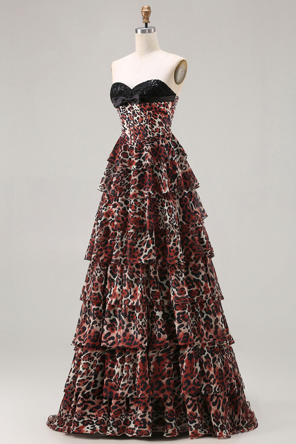 Sweetheart Brown Leopard Tiered Corset A-Line Prom Dress