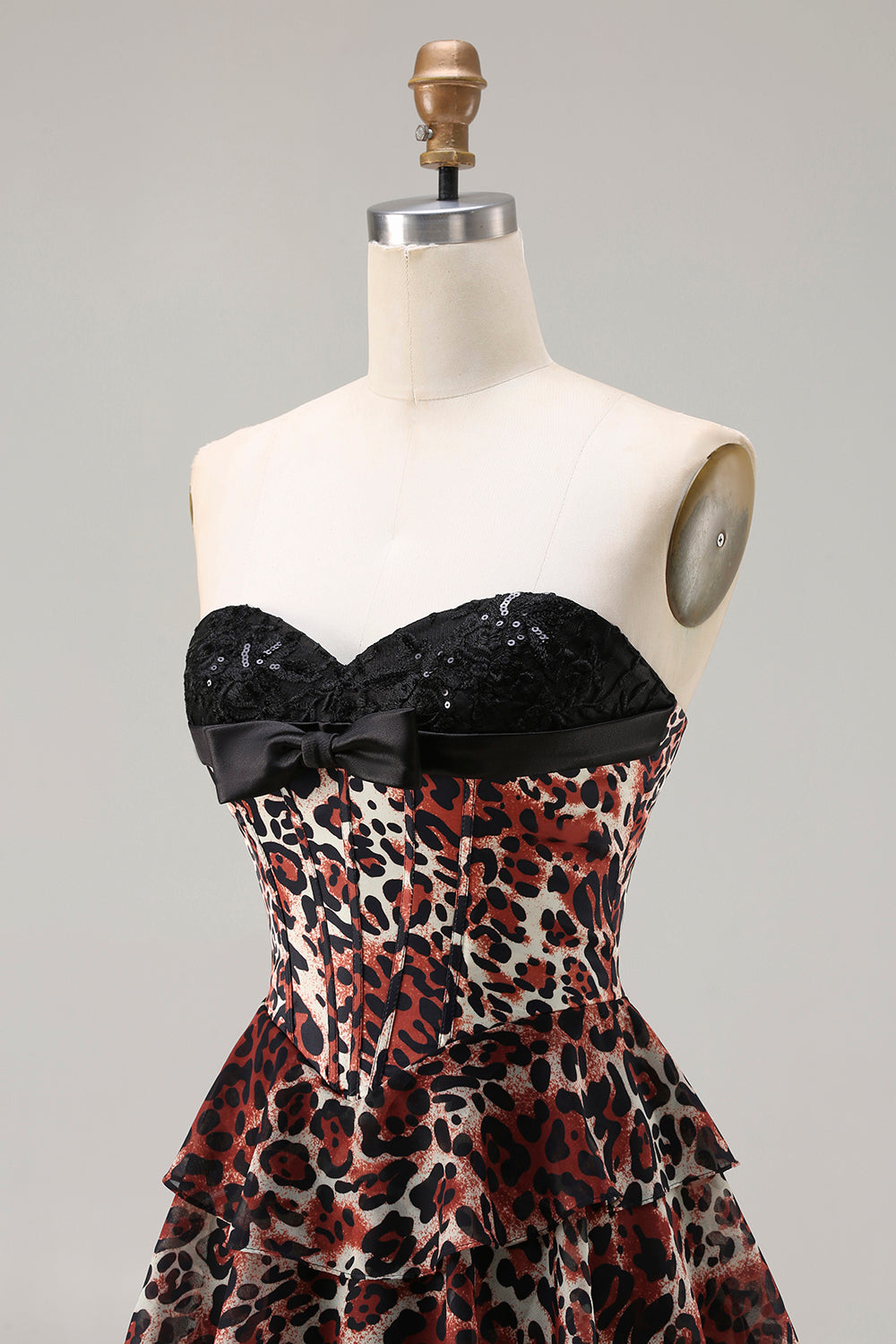 Sweetheart Brown Leopard Tiered Corset A-Line Prom Dress