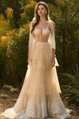 Corset A-Line Beaded Apricot Prom Dress With Lace Up Back