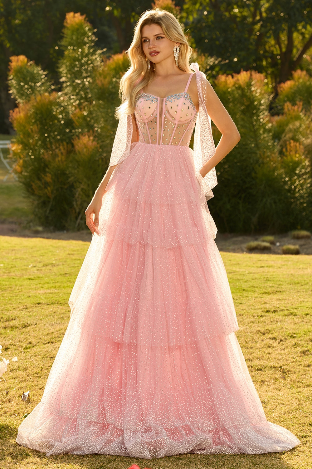 Corset A-Line Beaded Apricot Prom Dress With Lace Up Back