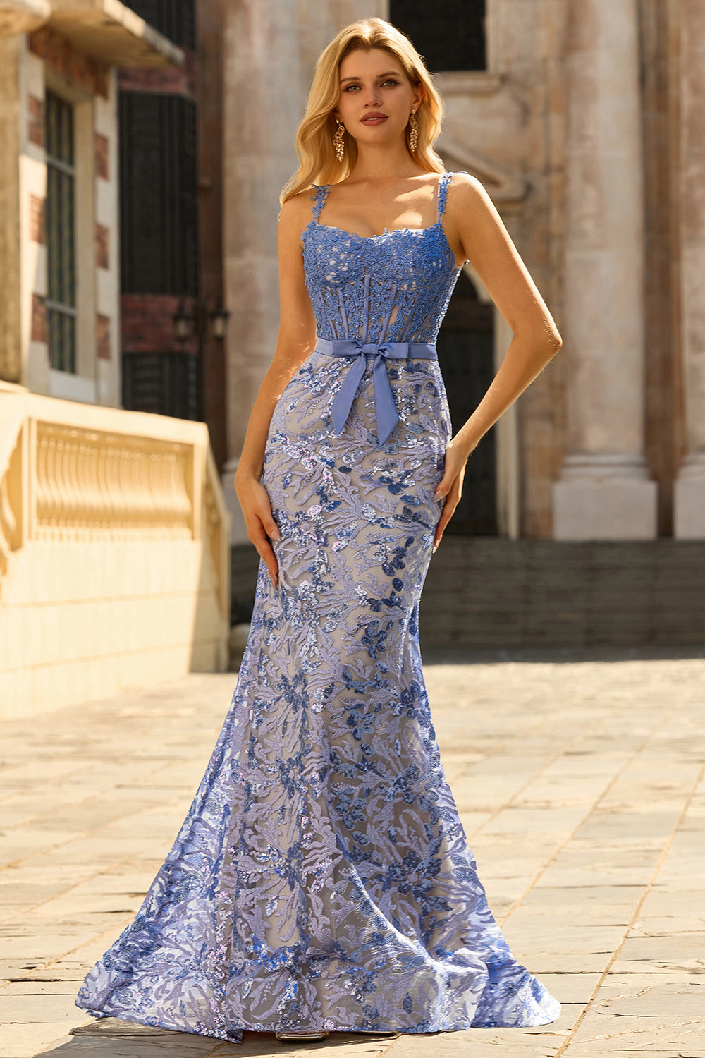 Sparkly Mermaid Grey Blue Corset Appliqued Prom Dress
