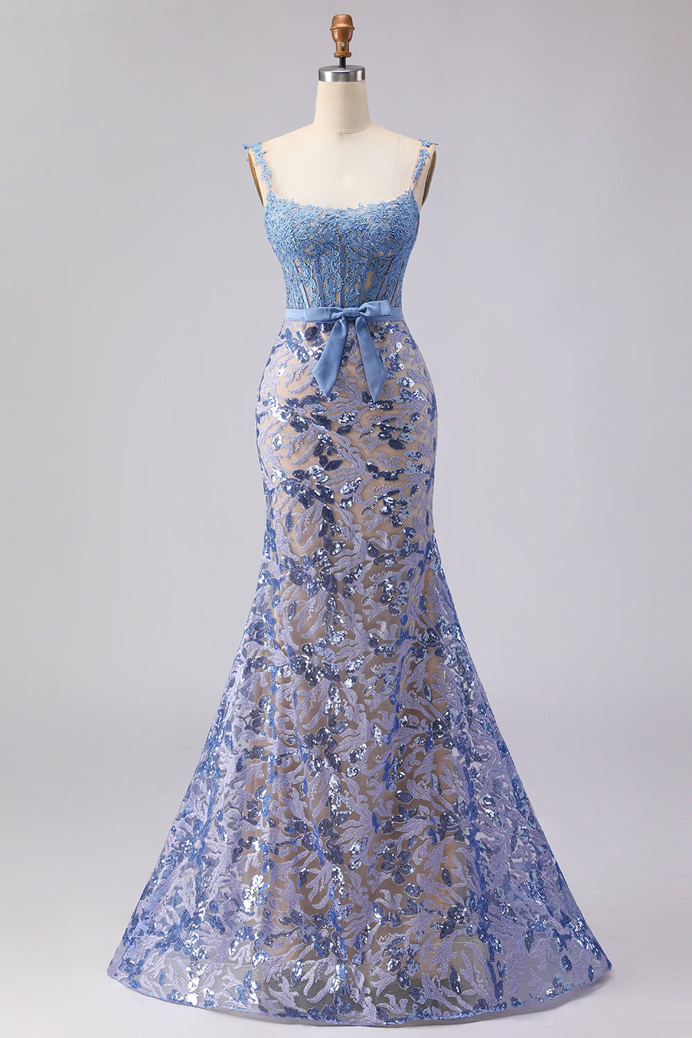 Grey Blue Sequin Mermaid Corset Prom Dress with Appliques