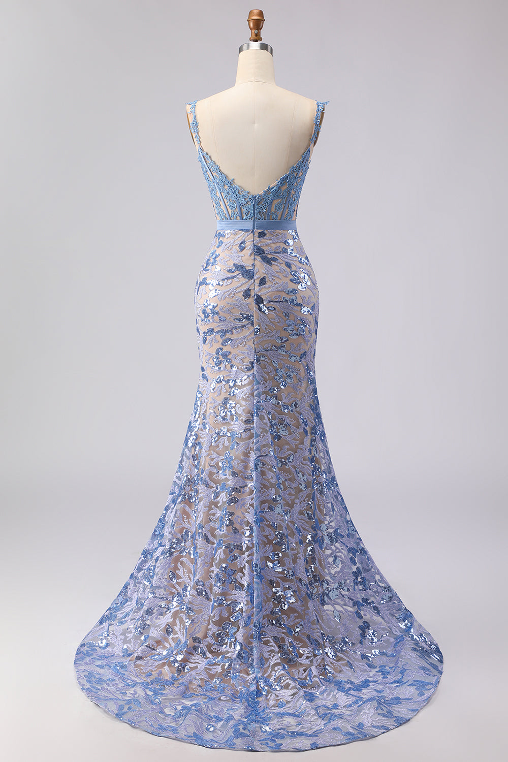 Grey Blue Sequin Mermaid Corset Prom Dress with Appliques