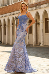 Sparkly Mermaid Grey Blue Corset Appliqued Prom Dress