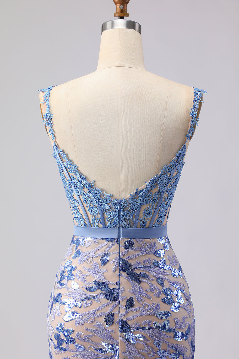 Grey Blue Sequin Mermaid Corset Prom Dress with Appliques