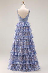 Sparkly Tiered Corset Bowed Appliqued Grey Blue Prom Dress