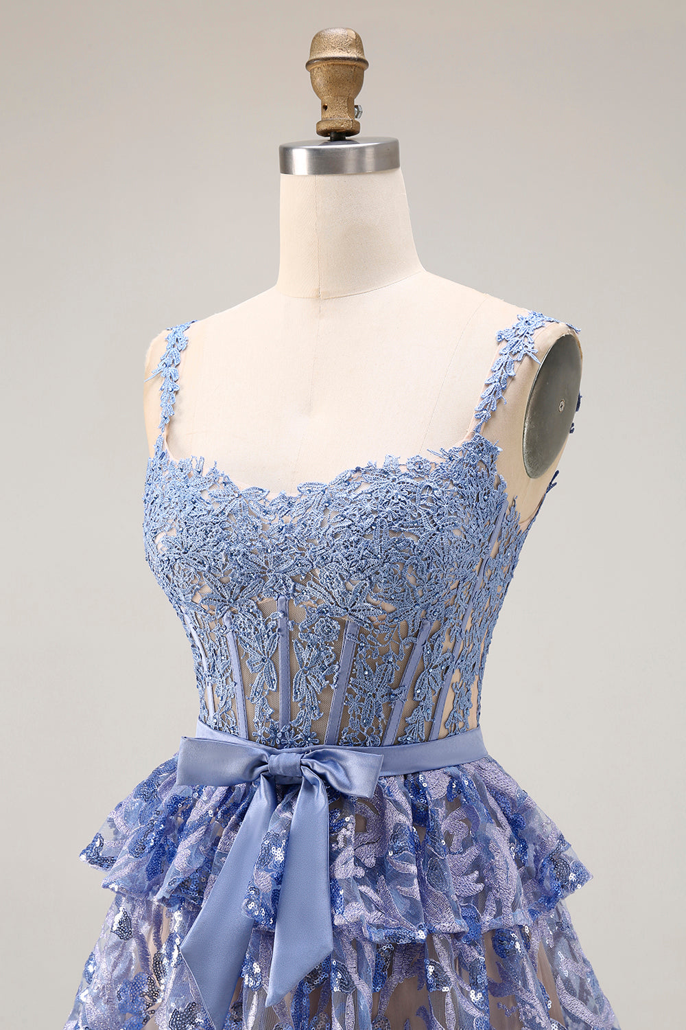 Sparkly Tiered Corset Bowed Appliqued Grey Blue Prom Dress