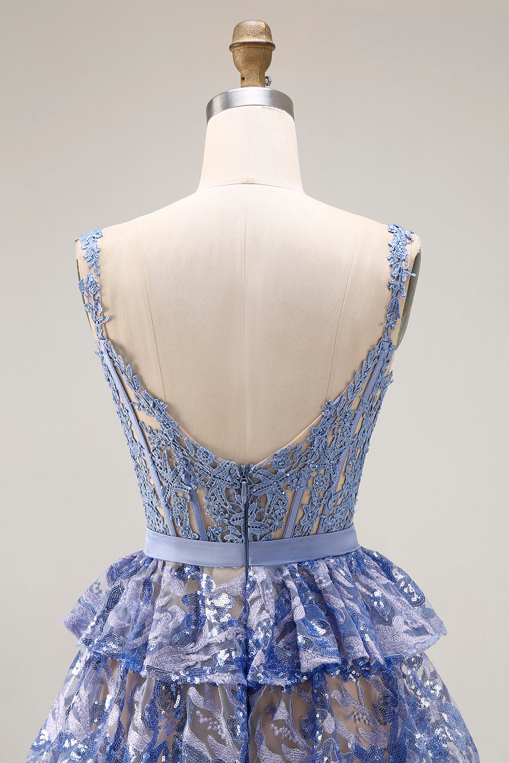Sparkly Tiered Corset Bowed Appliqued Grey Blue Prom Dress