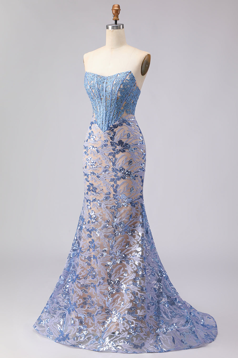 Grey Blue Sequin Mermaid Corset Strapless Prom Dress