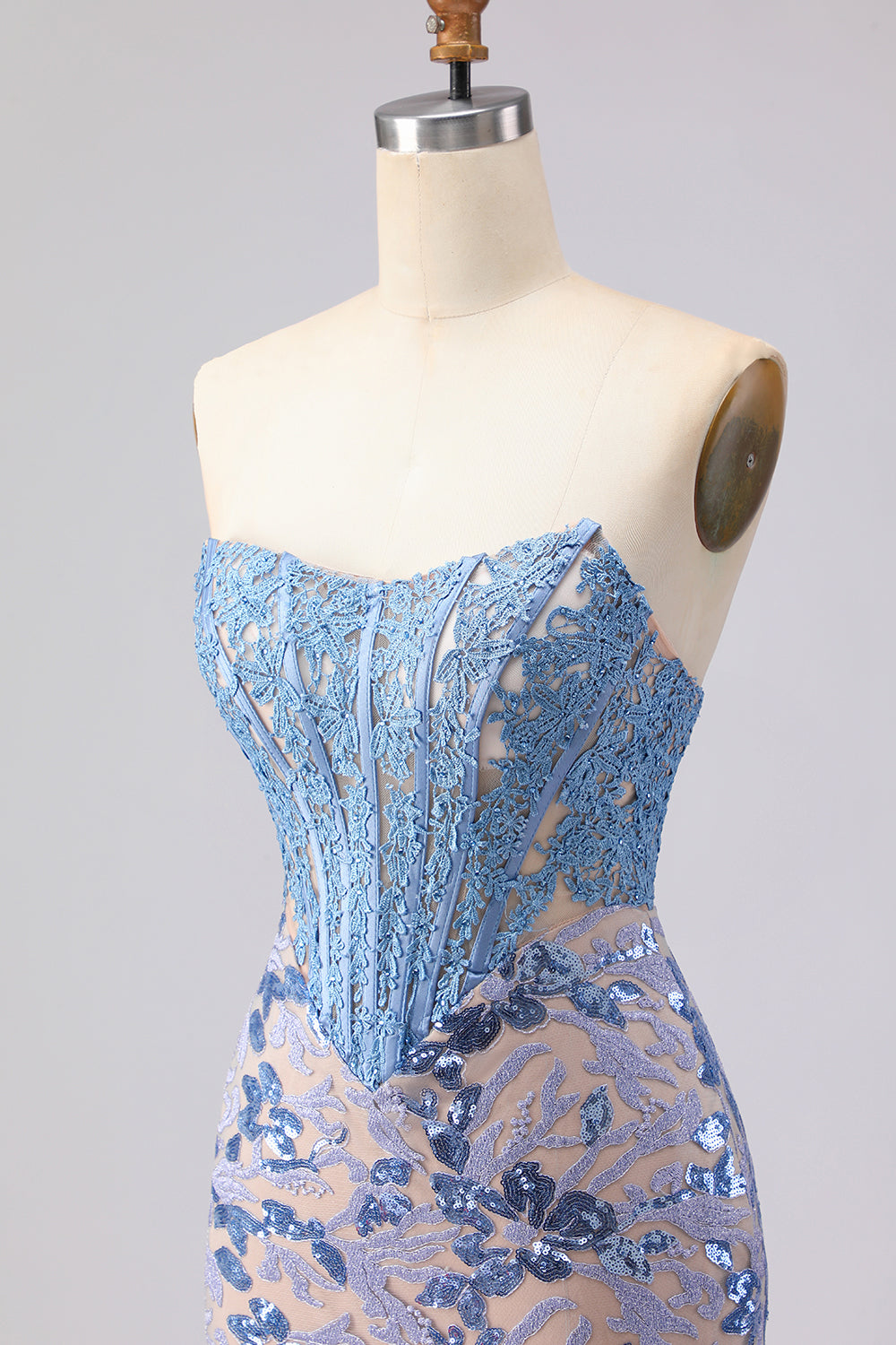 Grey Blue Sequin Mermaid Corset Strapless Prom Dress