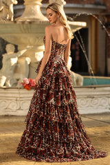 Corset Brown Leopard Strapless Tiered A-Line Prom Dress With Slit