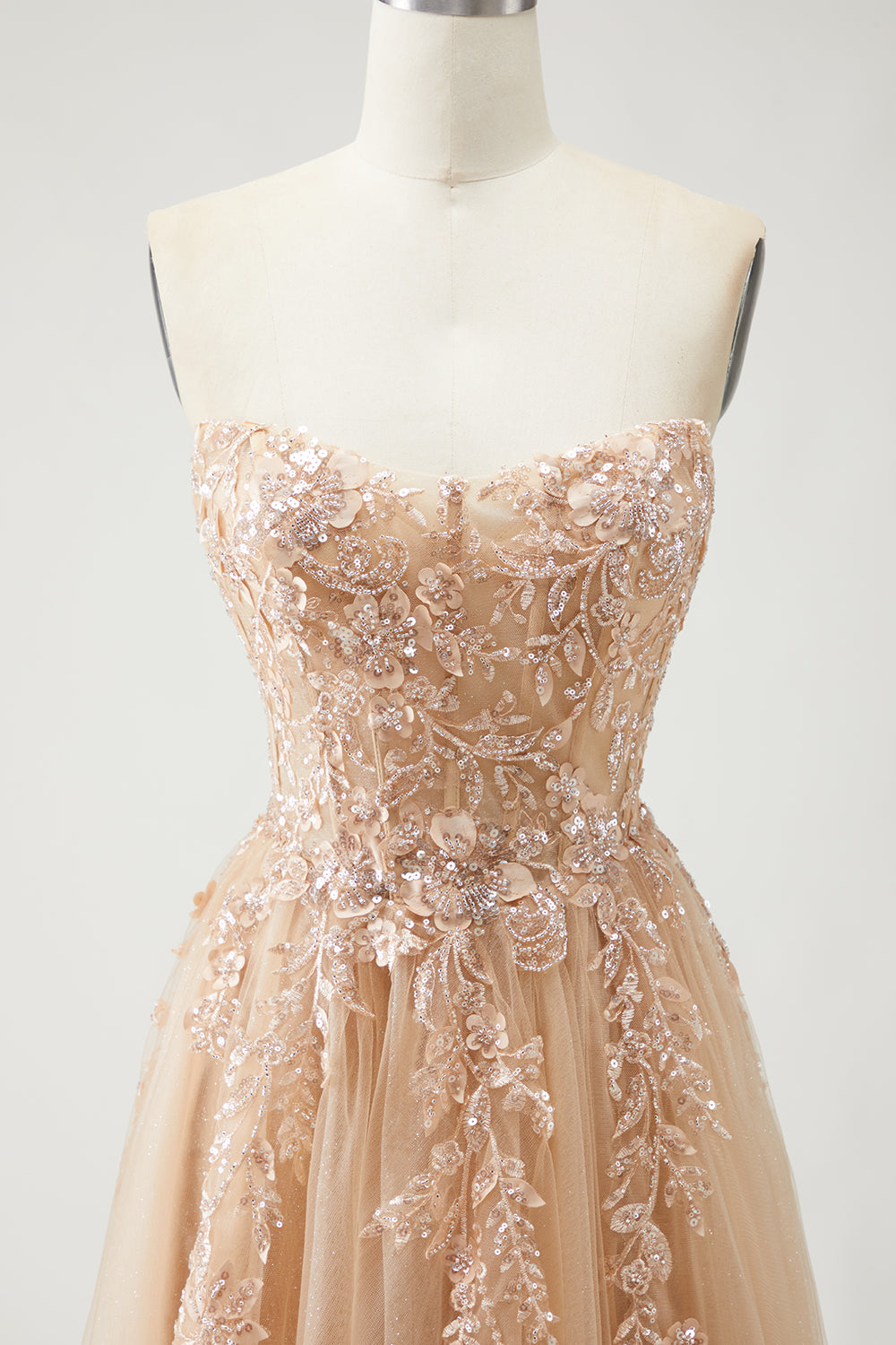 Sparkly Champagne Strapless Appliqued Prom Dress With Removable Sleeves