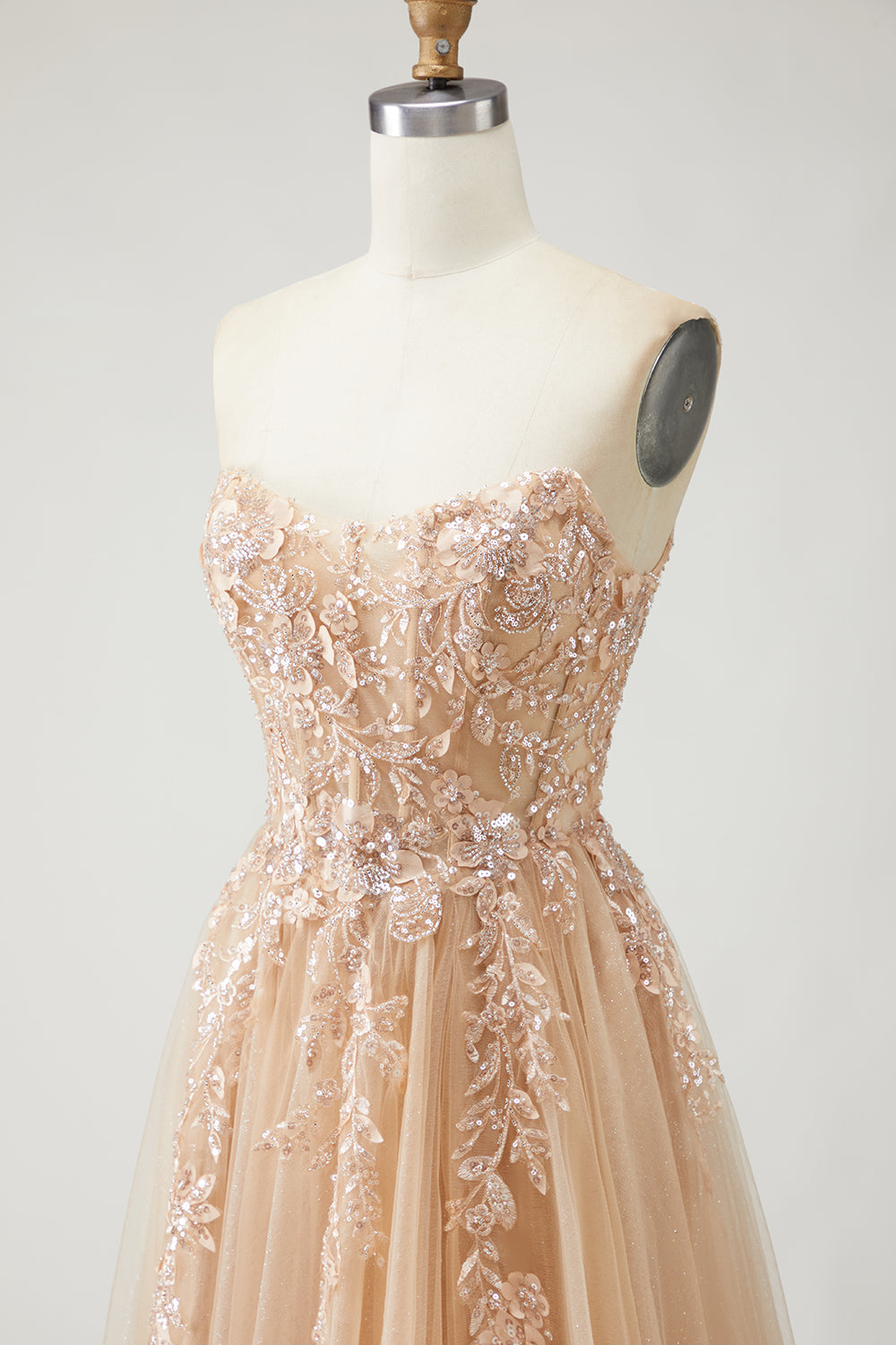 Sparkly Champagne Strapless Appliqued Prom Dress With Removable Sleeves