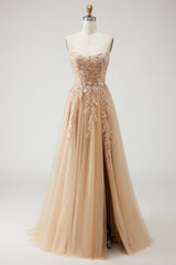 Sparkly Champagne Strapless Appliqued Prom Dress With Removable Sleeves
