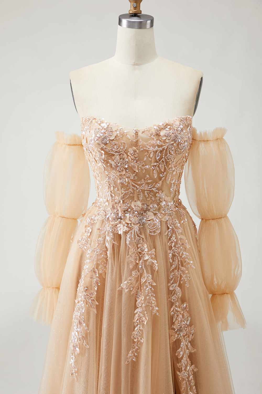 Sparkly Champagne Strapless Appliqued Prom Dress With Removable Sleeves
