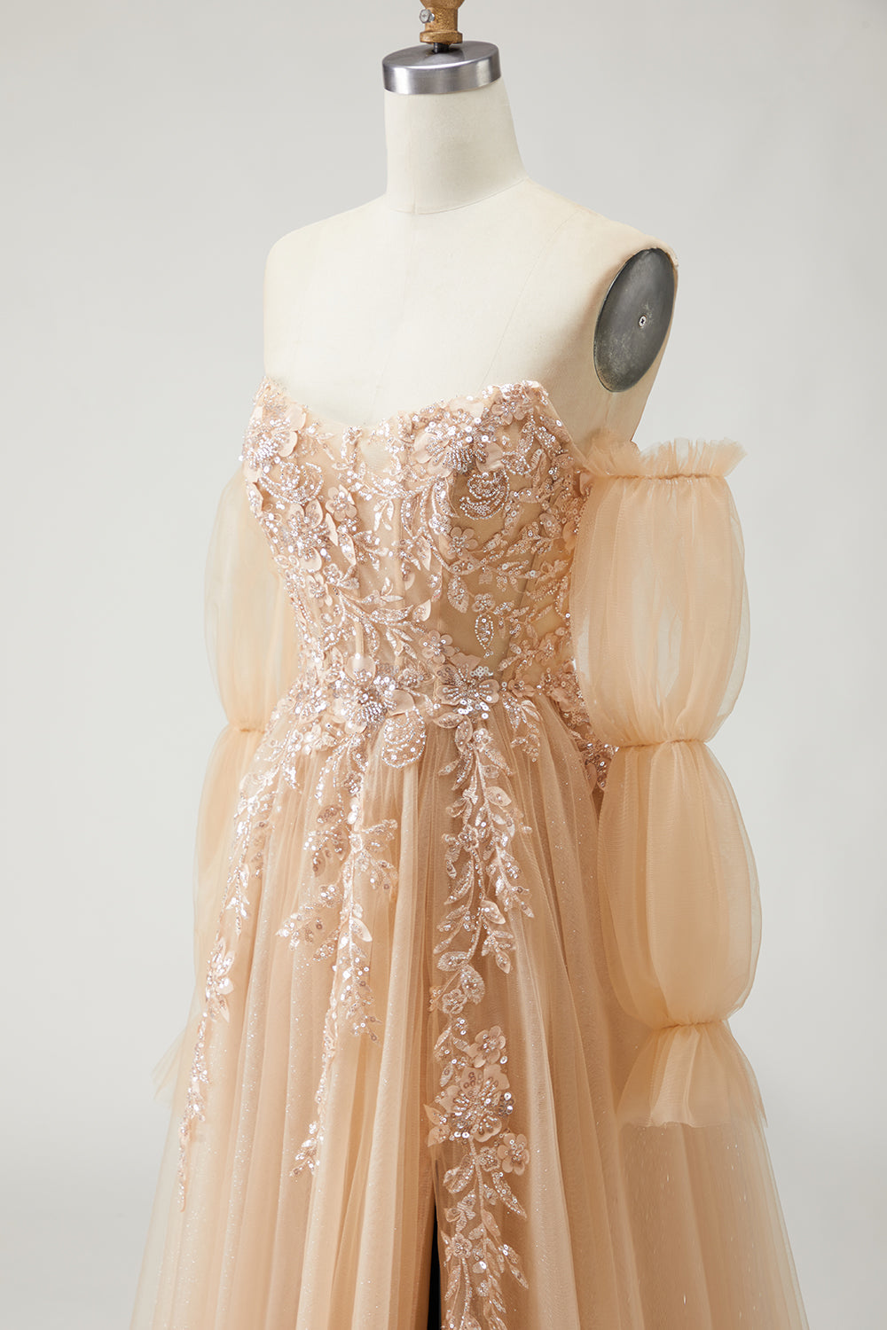 Sparkly Champagne Strapless Appliqued Prom Dress With Removable Sleeves