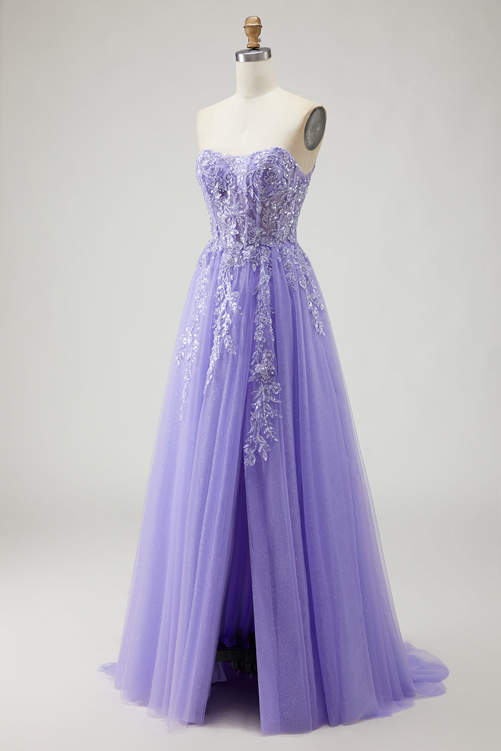 Sparkly Champagne Strapless Appliqued Prom Dress With Removable Sleeves