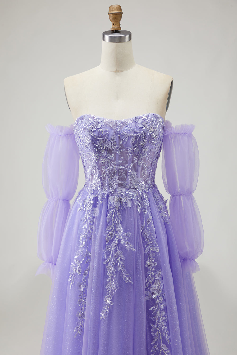 Sparkly Champagne Strapless Appliqued Prom Dress With Removable Sleeves