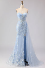 Blue Strapless Corset Sequin Mermaid Prom Dress
