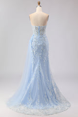 Blue Strapless Corset Sequin Mermaid Prom Dress