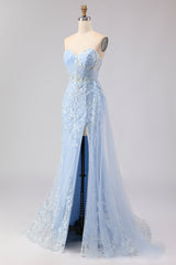 Blue Strapless Corset Sequin Mermaid Prom Dress