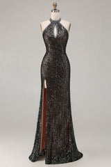 Sparkly Black Halter Mermaid Prom Dress With Slit