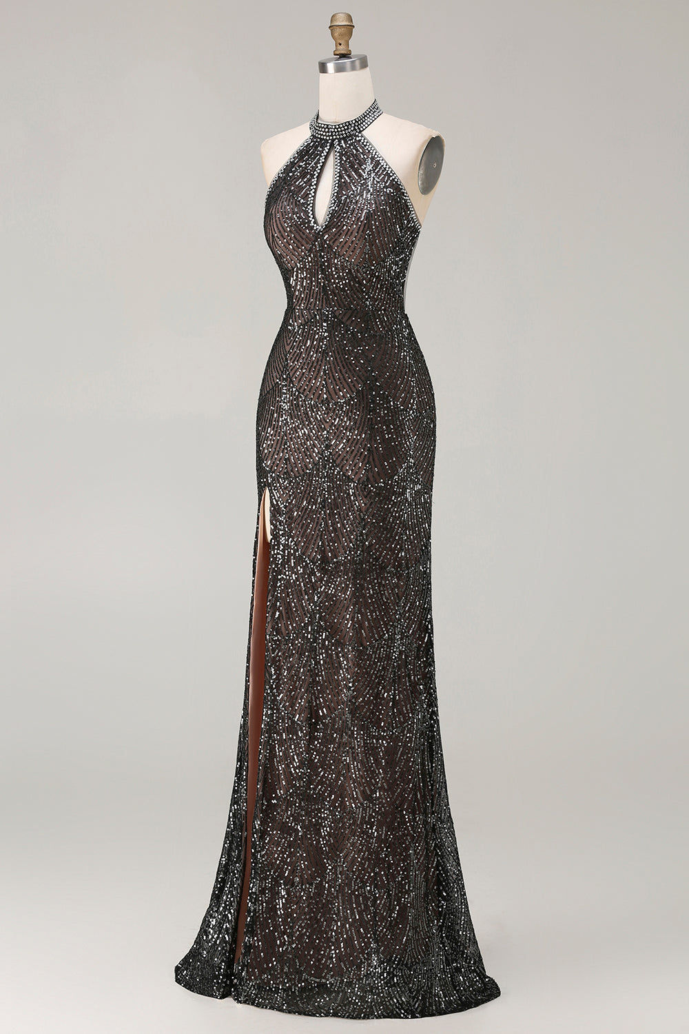 Sparkly Black Halter Mermaid Prom Dress With Slit