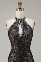Sparkly Black Halter Mermaid Prom Dress With Slit