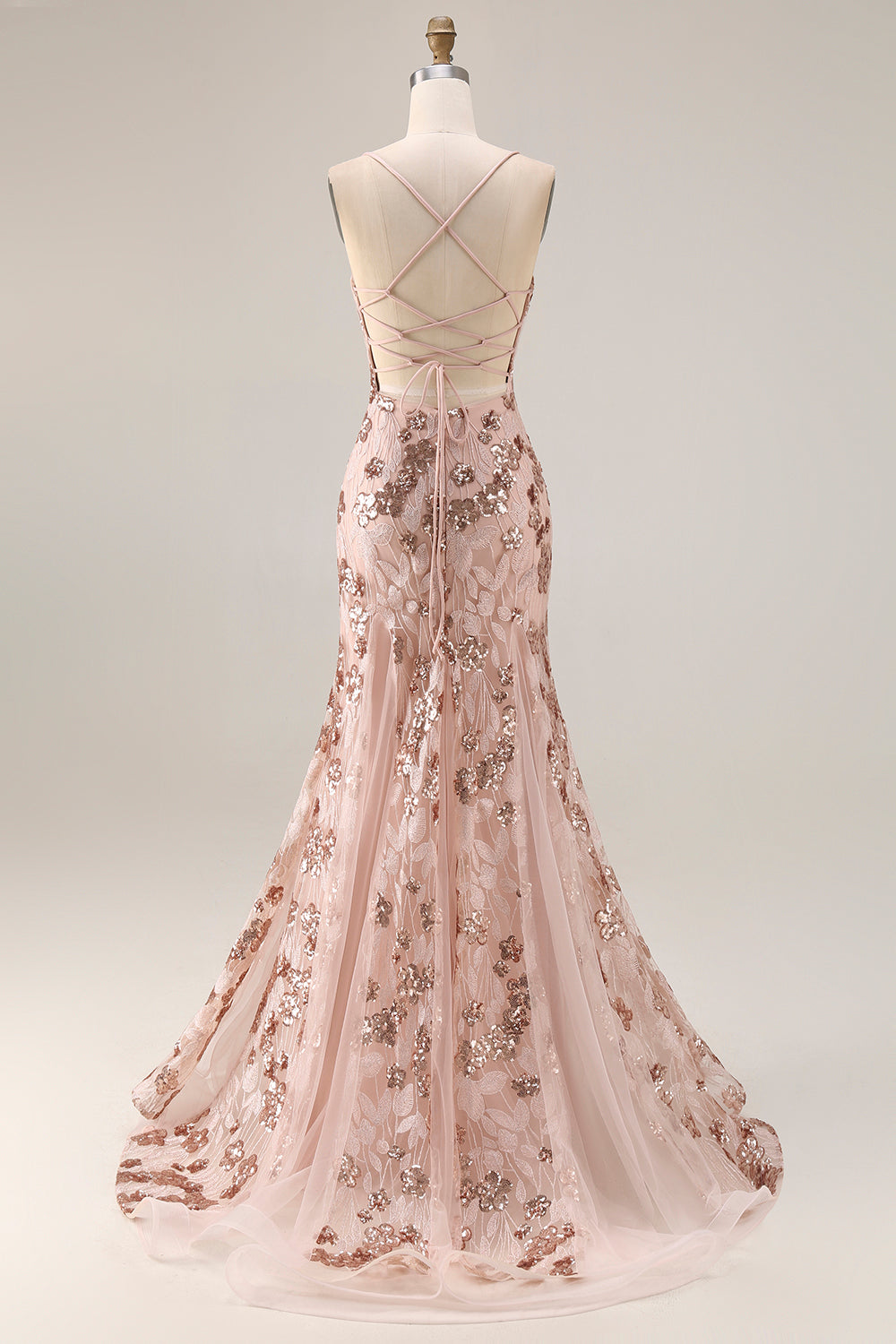 Rose Golden Embroidered Sequin Mermaid Prom Dress