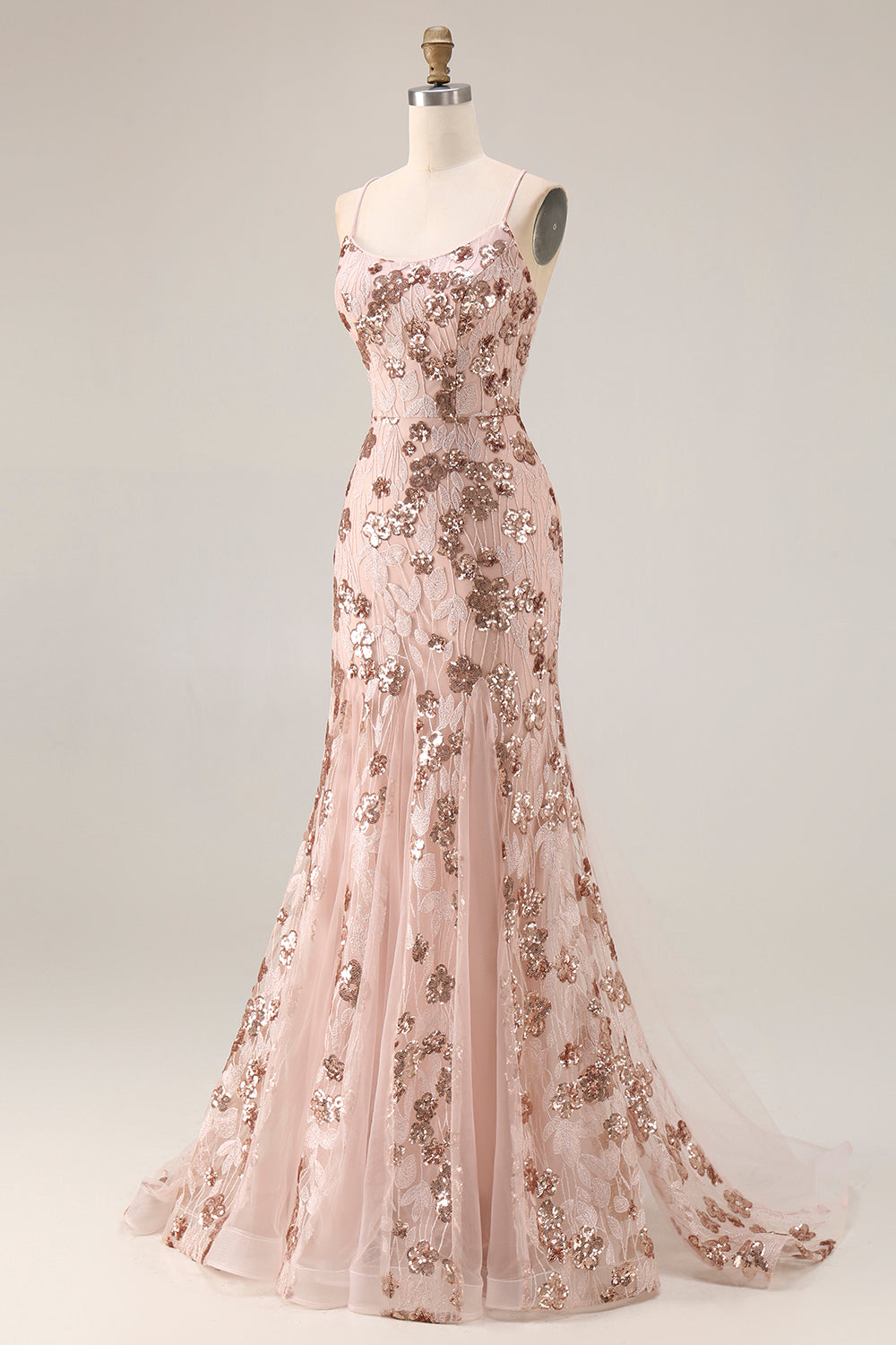 Rose Golden Embroidered Sequin Mermaid Prom Dress