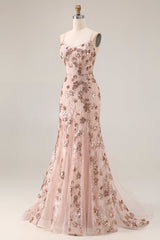 Rose Golden Embroidered Sequin Mermaid Prom Dress