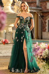 Dark Green A-Line Off The Shoulder Sequin Prom Dress With Slit