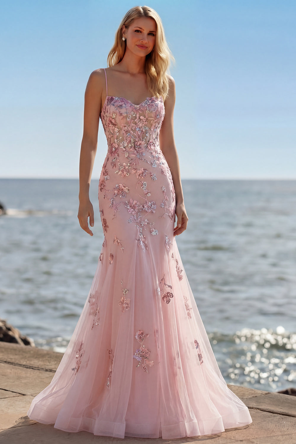 Purple Floral Mermaid Corset Spaghetti Straps Prom Dress With Sequins