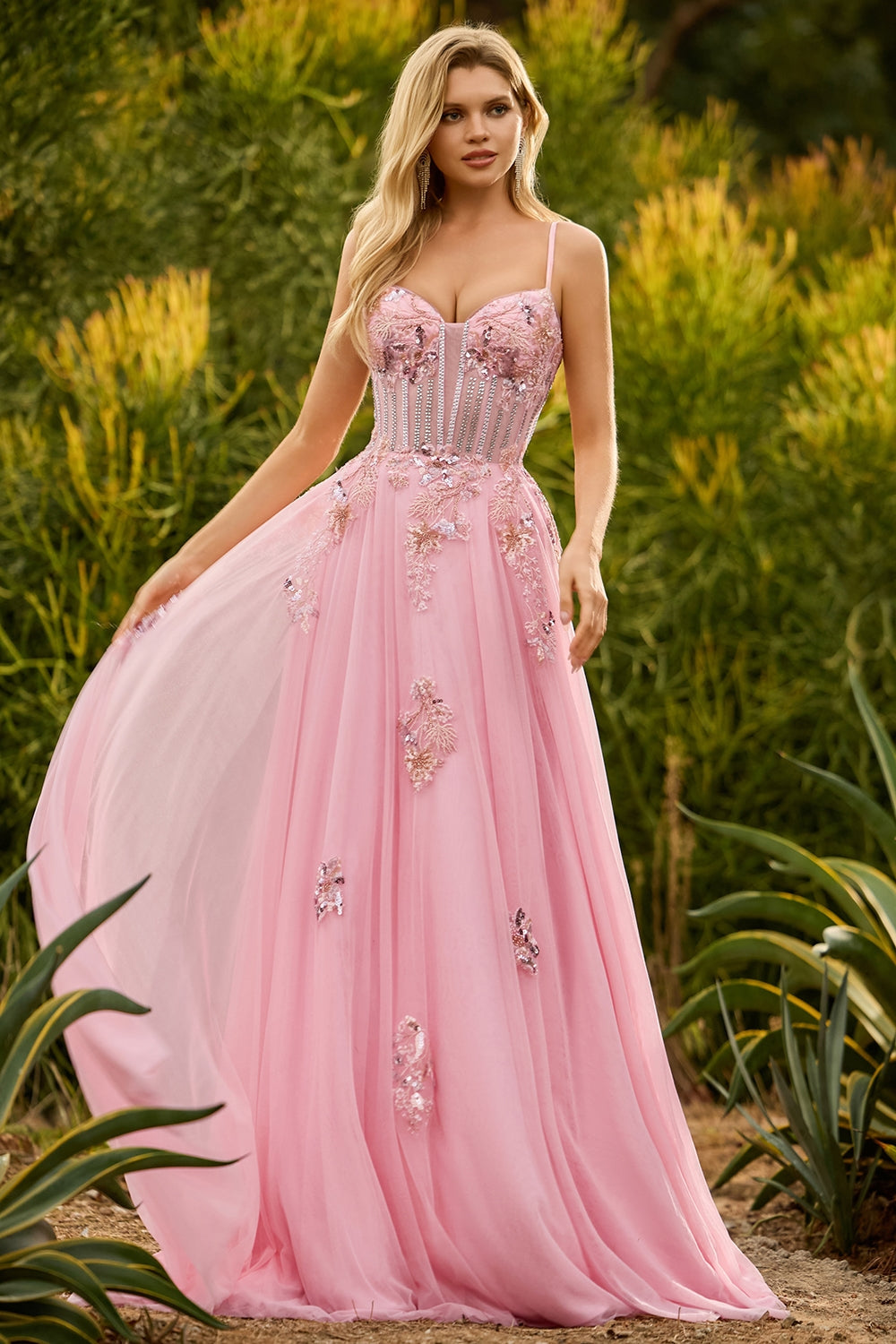 Pink A-Line Corset Beaded Prom Dress With Lace Up Back