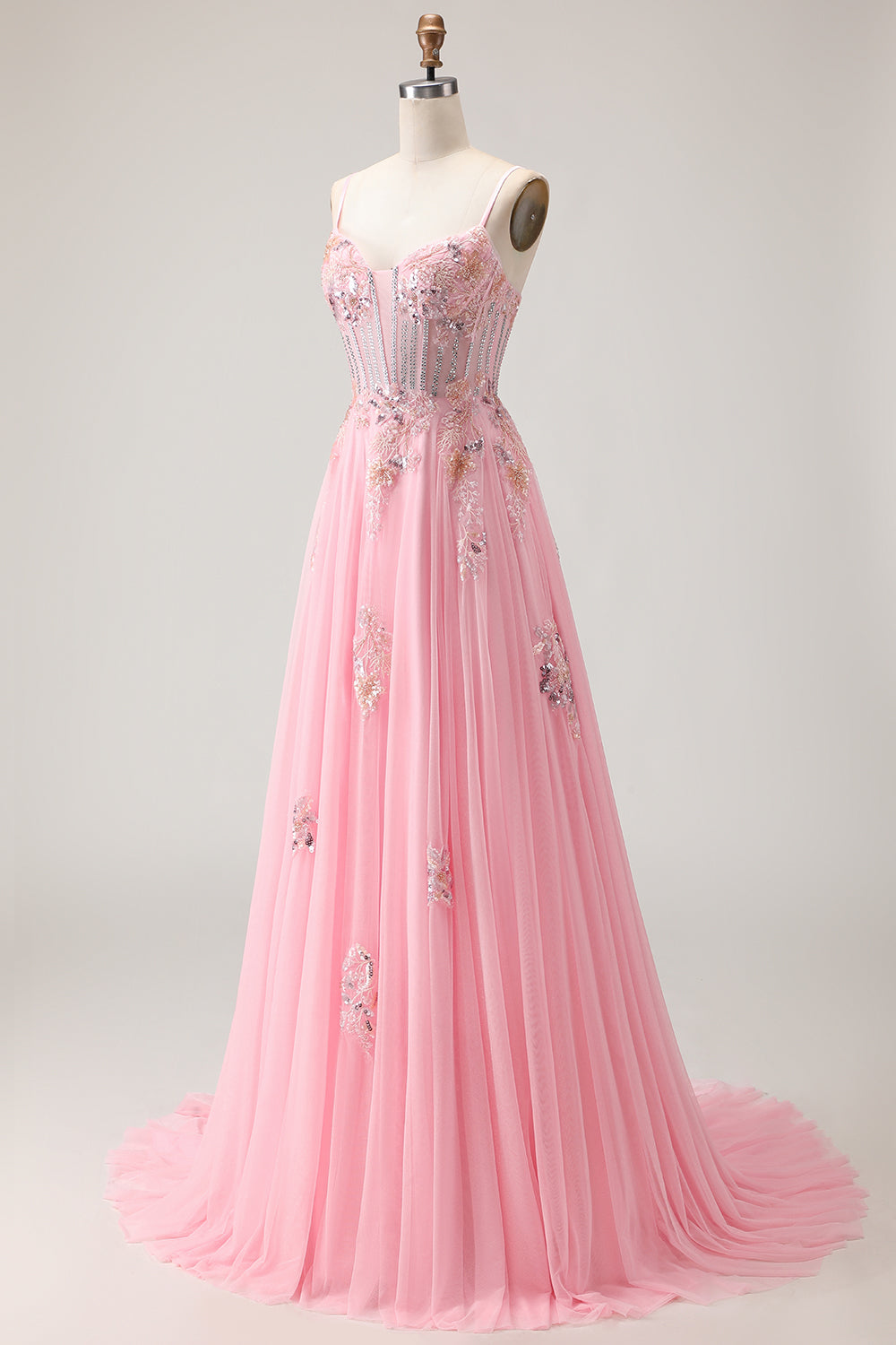 Pink A-Line Corset Beaded Prom Dress With Lace Up Back