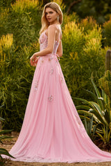 Pink A-Line Corset Beaded Prom Dress With Lace Up Back