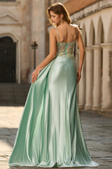 Green Corset Appliqued Satin Prom Dress with Side Cape