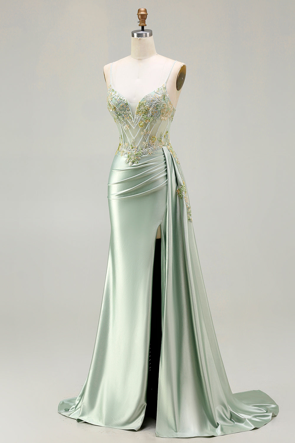 Green Mermaid Beaded Spaghetti Straps Satin Prom Dress With Slit