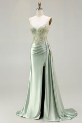 Green Mermaid Beaded Spaghetti Straps Satin Prom Dress With Slit
