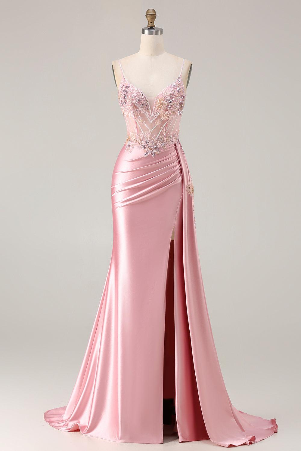 Green Mermaid Beaded Spaghetti Straps Satin Prom Dress With Slit