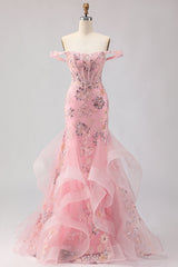 Sparkly Blush Mermaid Off The Shoulder Corset Prom Dress