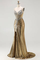 Metallic Golden Corset Pearl Mermaid Prom Dress With Slit