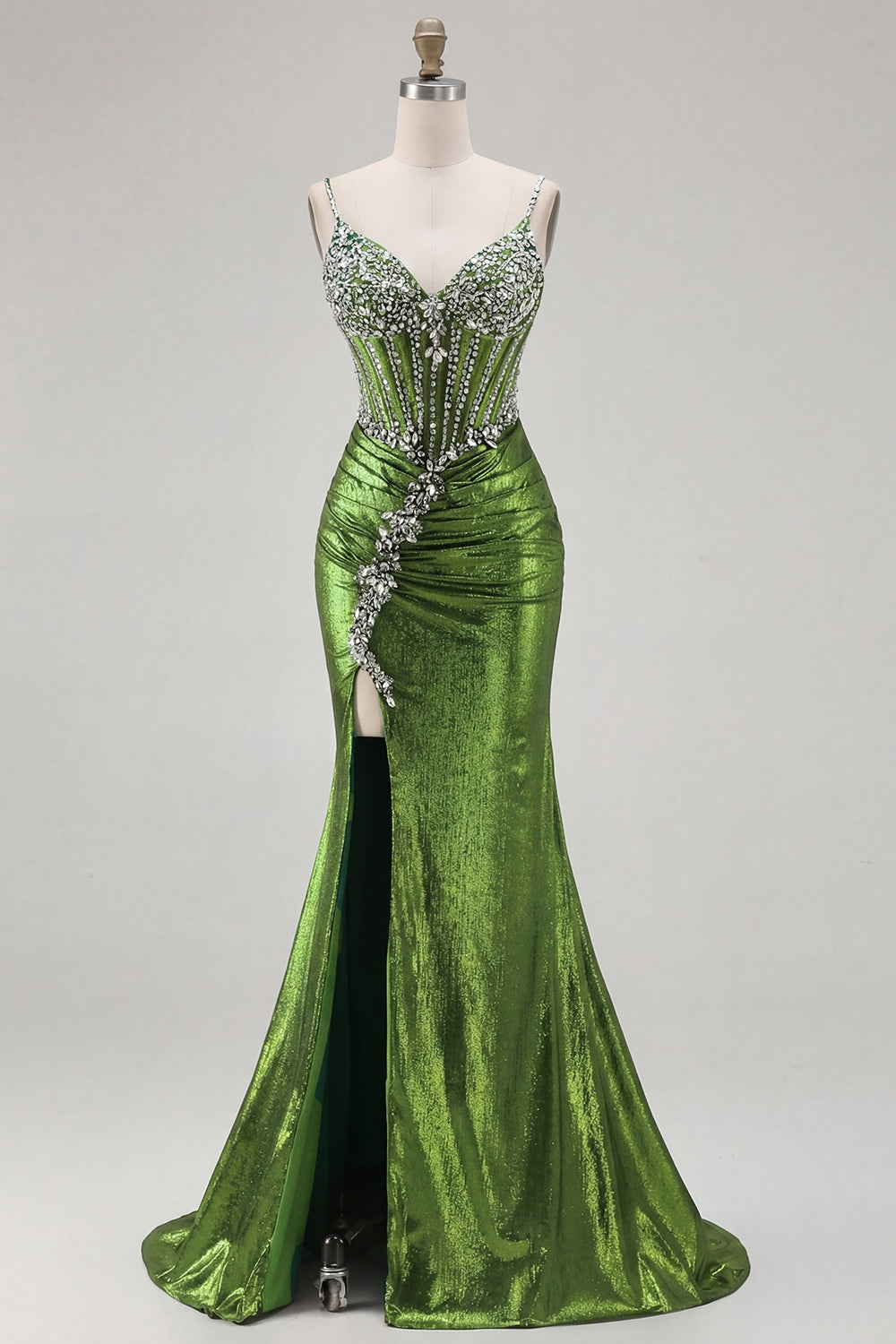Metallic Golden Corset Pearl Mermaid Prom Dress With Slit