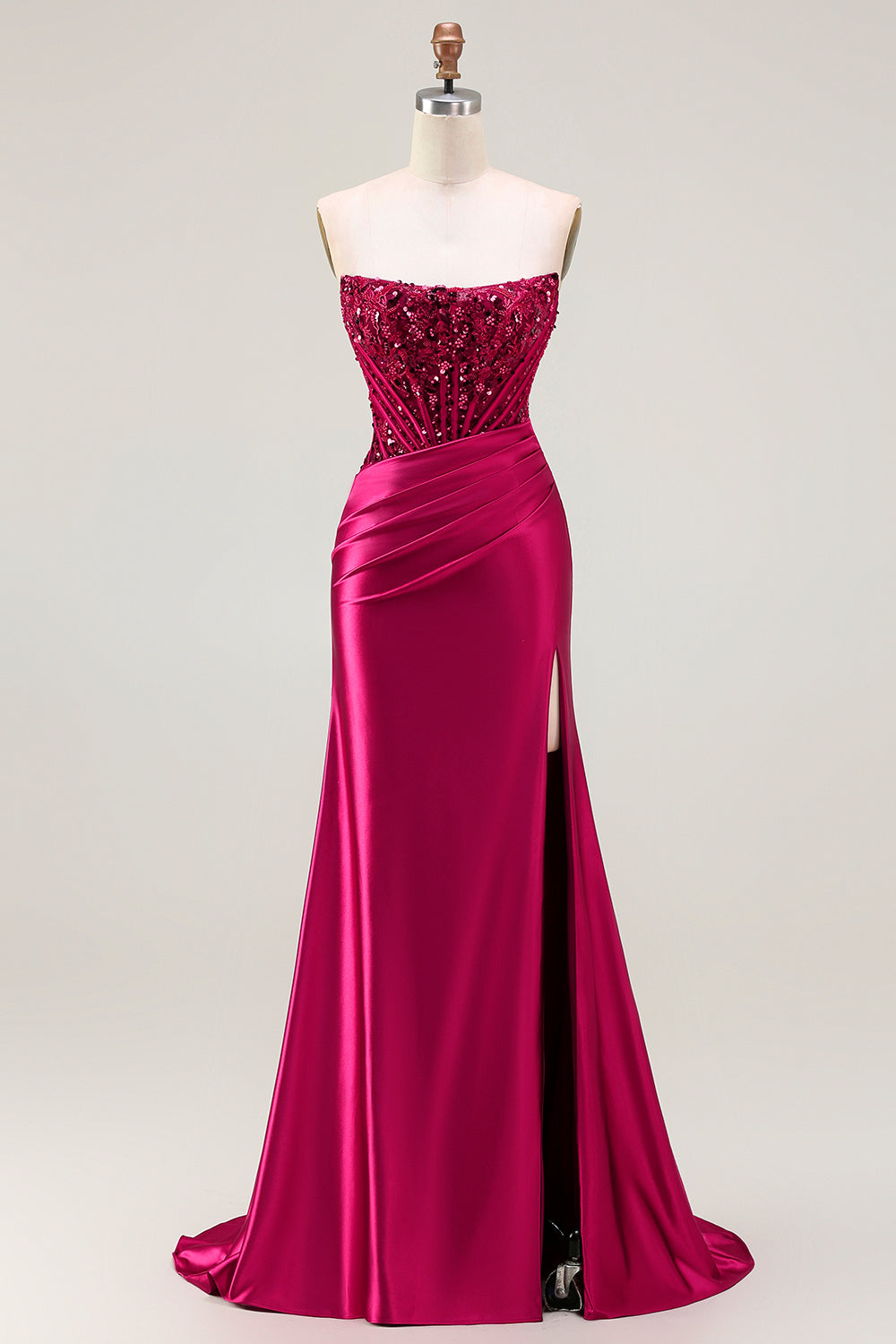 Burgundy Corset Strapless Mermaid Satin Prom Dress With Slit